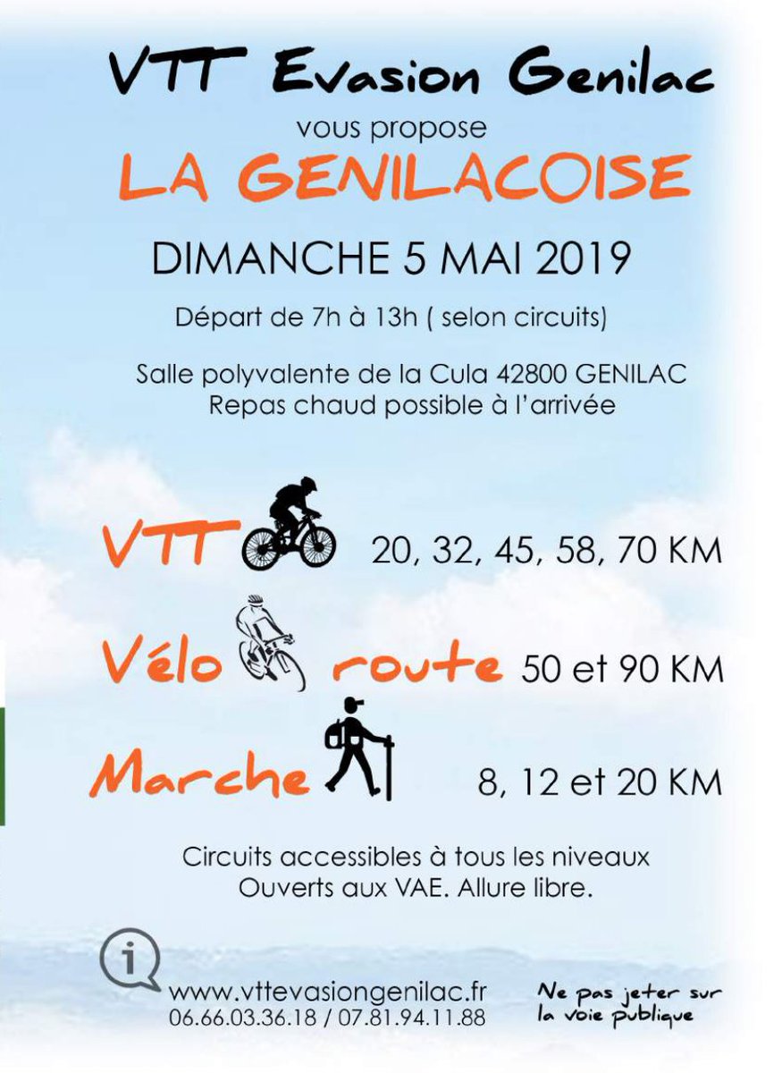 Dimanche 5 mai, randonnée VTT - Vélo - Marche "La Genilacoise". Repas chaud préparé et servi à l'arrivée par les bénévoles de la <a href="/BAlimentaire42/">Banque Alimentaire42</a> (5€). Recette repas reversée à la BA42 par le @clubvttevasion de Genilac.
Inscrivez vous et venez vous restaurer.