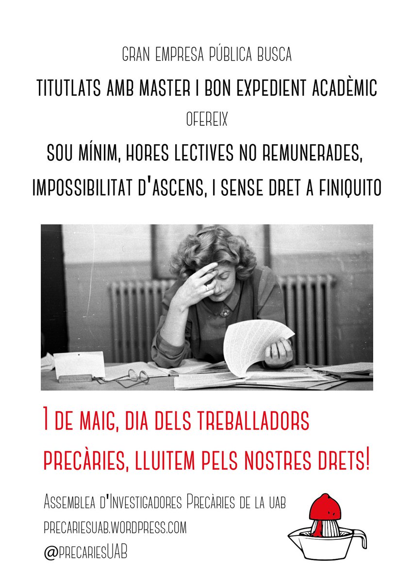 Les predocs som treballadores que fem una feina essencial dins la universitat pública.  Avui 1 de maig, les precàries de la recerca continuem lluitant pels nostres drets laborals!