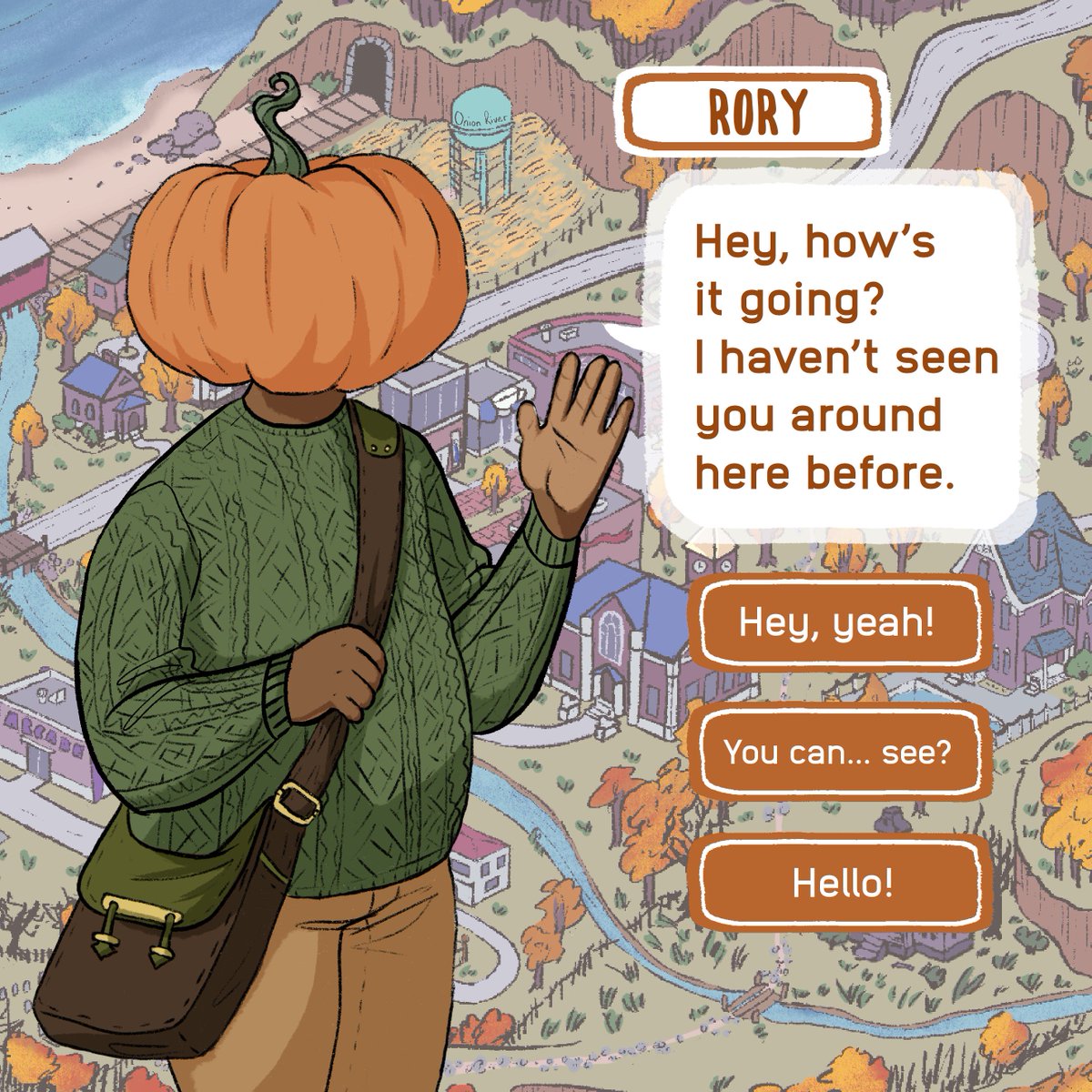 OnionRiverGame's tweet photo. Rory, a Dullahan with a pumpkin on the stump where his head would be, is a kind and reserved college student. His dry sense of humor is subtle and witty. He can be found at the town’s library until late into the night. #OnionRiver https://t.co/jjyZ3Qpqjr