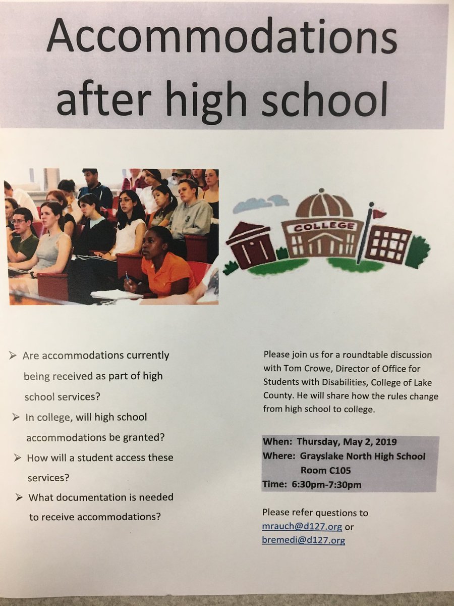 Accommodations After High School. Presented by Tom Crowe ⁦<a href="/CLCIllinois/">College of Lake County</a>⁩. May 2nd at Grayslake North HS@6:30p. All Welcome!!
#collegeboundknights
#studentsuccess