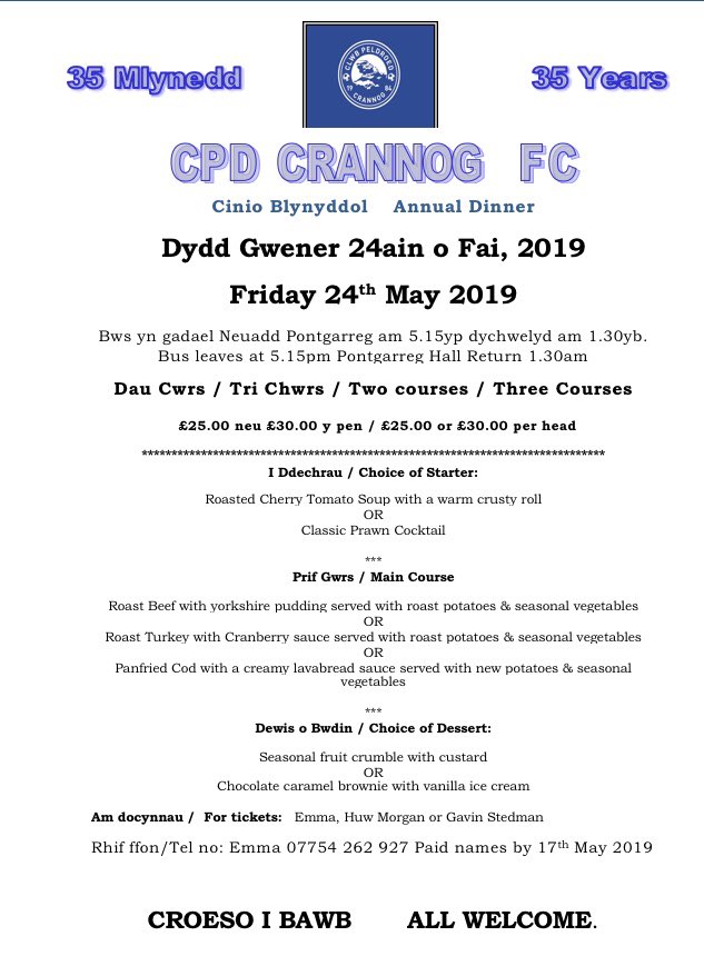 Cpdcrannog's tweet photo. 🍻 Annual Dinner Details🍹
Friday 24th May at Emlyn Arms
Dydd Gwener 24ain o Fai yn Ngwesty’r Emlyn. 🍽
⚽️ Dewch yn Llu 😀
⚽️All Welcome😀 https://t.co/191UUWFgiI