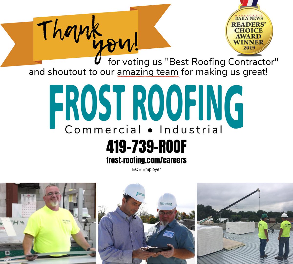 Thank you for voting us best roofing company, Wapakoneta! #WapakonetaDailyNews #ReadersChoice