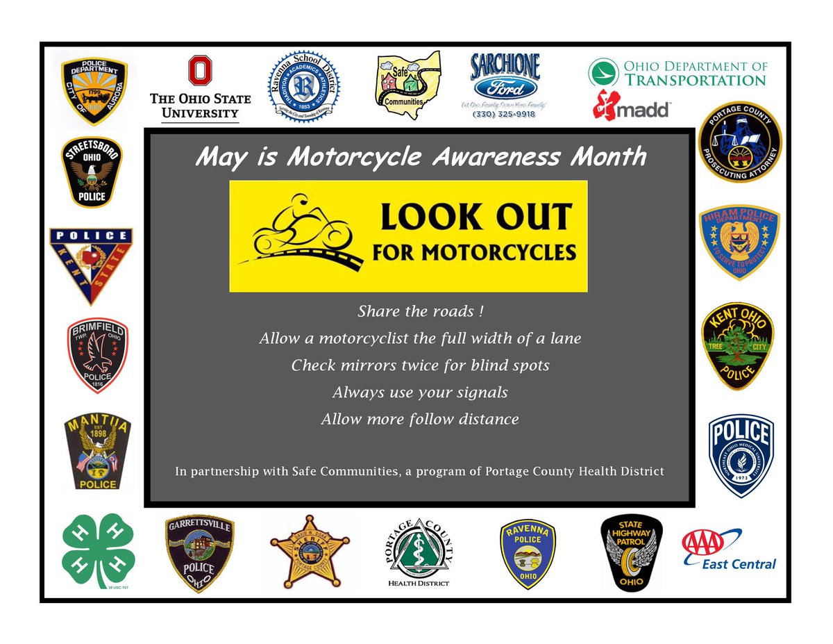 PortageCoHealth's tweet photo. May is Motorcycle Awareness Month! Remember to share the roads and LOOK OUT FOR MOTORCYCLES! #MotorcycleAwarness #lookoutformotorcycles https://t.co/VTikgL2pue