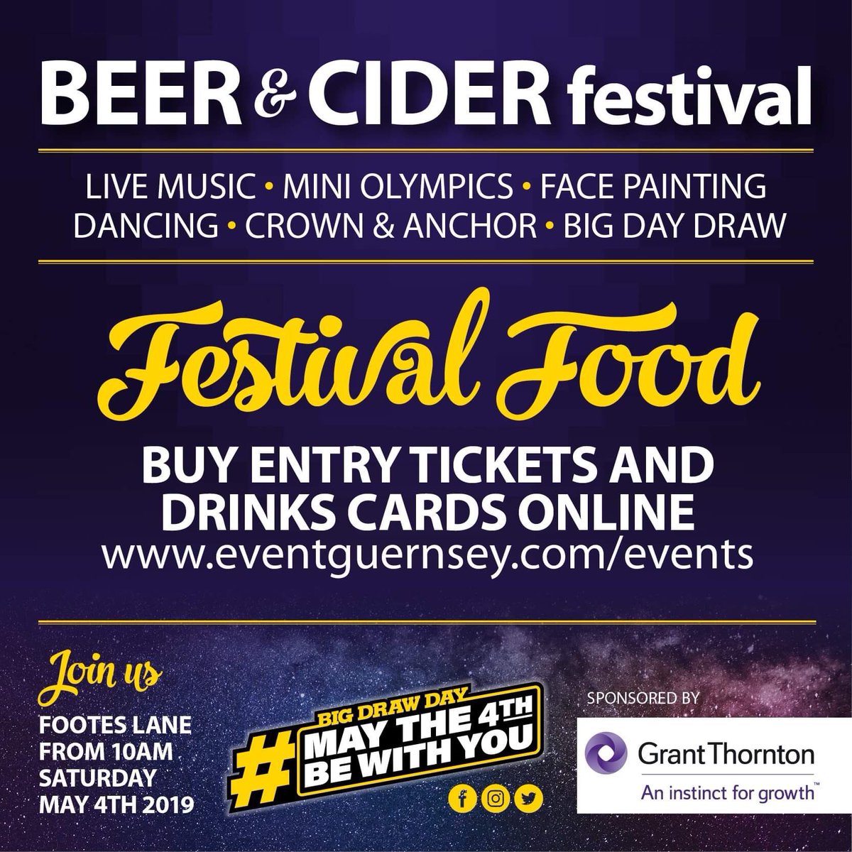 We have a delicious variety of food available at the Beer &amp; Cider Festival this Saturday to enjoy! 
🍔 Slaw 
🍟 Cobo Mobile Fish &amp; Chips
🍜 Chu's Thai Spice
☕️ The Off Road Coffee Company
See you there 😄🇬🇬🍺
#MayThe4thBeWithYou
