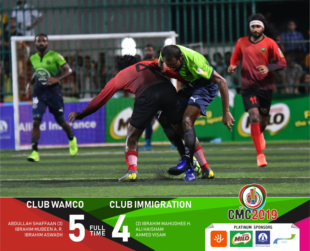 ClubMaldives's tweet photo. #SemiFinal Results. #CMC2018. Club Wamco beat Club Immigration 5:4 to confirm a spot in the final.
#ClubMaldives #CMC2019 #Futsal #FutsalMaldives
@Dhiraagu @MWSC_Official @alliedmv
@PSM_Sports @maldivesoccer @imagesmv @SoneeSports @hdcmaldives https://t.co/Ow9iASqImg