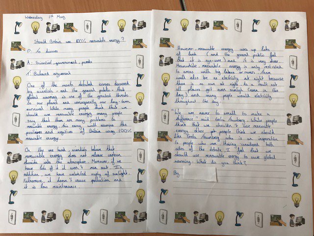 Having been inspired by <a href="/GretaThunberg/">Greta Thunberg</a> ,Mrs Johnson's class have been writing to discuss whether Britain should use 100% renewable energy to tackle the issue of climate change. "You are never too small to make a difference." #TheWilmAcadIPEELL #ClimateAction #TheWilmAcadGeography