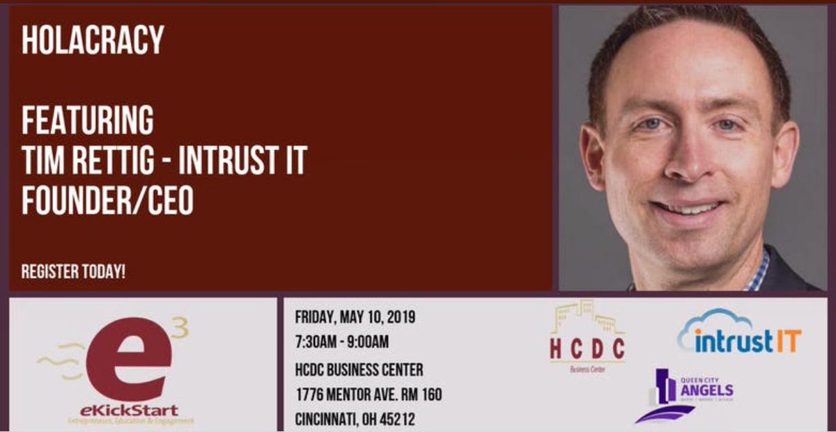 AlloyDevCo's tweet photo. Join us for the May 10th #eKickStart: "What is the #Holocracy Management Style?" presented by @TimRettig, CEO of @intrustIT. Instead of operating top-down, power is distributed throughout the organization. Register: https://t.co/GmfHinJweE @HCBCtr @QueenCityAngels #StartupCincy https://t.co/zZAAkMvoa9