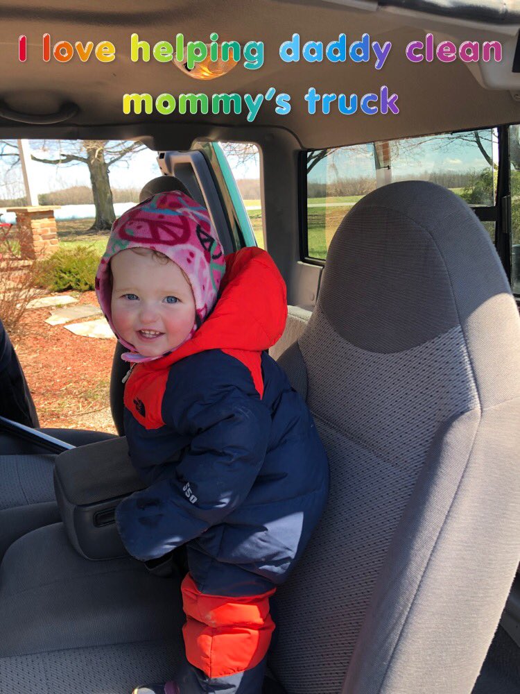 I’m just gonna go ahead and ignore the fact that she’s standing on the seat in her soaking wet, muddy boots #DaddysLittleHelper #FarmLife