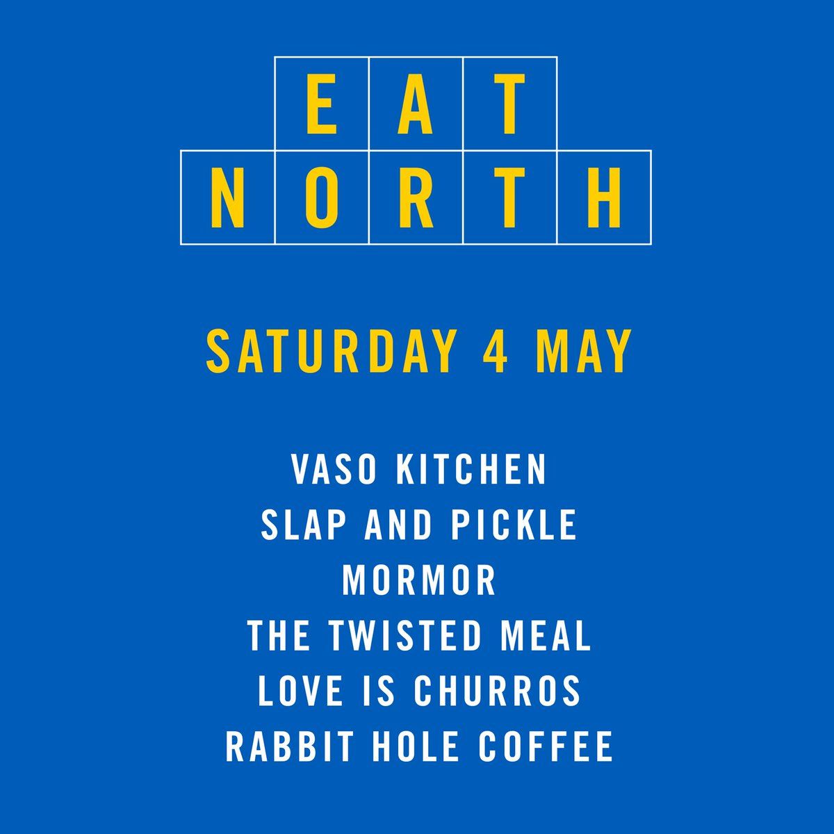 Who's coming to #EatNorth on Saturday? We've got food from <a href="/vasokitchenmcr/">Vaso Kitchen Mcr</a>, <a href="/slapandpickles/">Slap & Pickle</a>, <a href="/EatMorMor/">MorMor</a>, @MealTwisted, and <a href="/loveischurros/">Loveischurros</a>, coffee and cocktails from <a href="/RabbitHoleTCS/">Rabbit Hole Coffee</a>, and lots of lovely craft beer from <a href="/NorthBrewCo/">North Brewing Co</a>! 🍔🍺☀️

FREE ENTRY!
12pm - 10pm