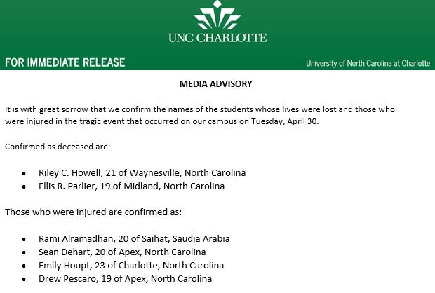 TheDavenReport's tweet photo. "It is with great sorrow that we confirm the names of the students whose lives were lost and those who were injured"

#UNCC confirms names of students killed and injured in Tuesday's campus shooting » https://t.co/skb7bjagLg #CharlotteStrong #CLT https://t.co/qMxecx3xNZ