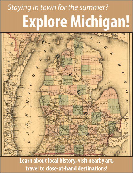 UMichLibrary's tweet image. Are you looking for things to explore around Michigan this summer? Check out the book display in the Shapiro Library lobby. There's an explorer's guide to Michigan, a book on day trips, a guide to finding art in public places in Detroit, and more! myumi.ch/Jg8r8