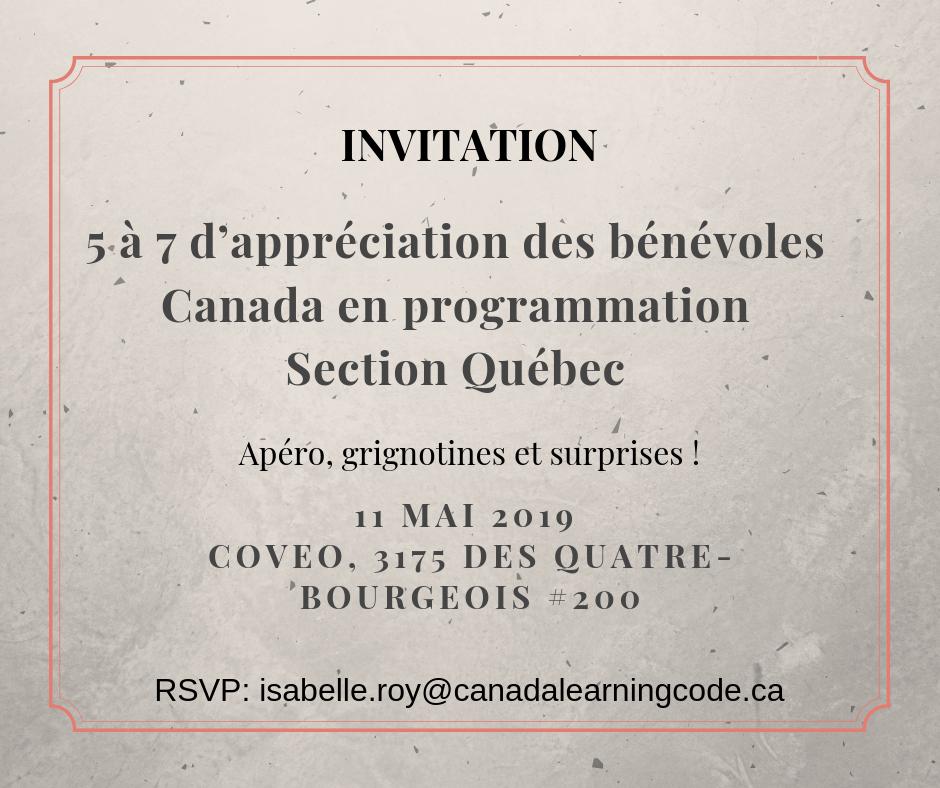 learningcodeyqb's tweet image. Invitation le 11 mai pour reconnaissance de nos bénévoles (anciens et actuels). R.S.V.P. isabelle.roy@canadalearningcode.ca 😍Partagez svp !