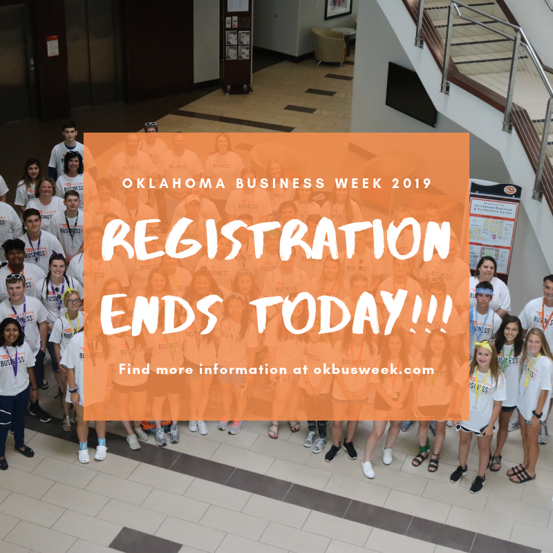 OKBusinessWeek's tweet photo. Enrollment for Oklahoma Business Week ends TODAY! 
Be sure and submit your application by the end of the day today! Apply now at https://t.co/QtAGGPJOtO https://t.co/k61YKcxMhz