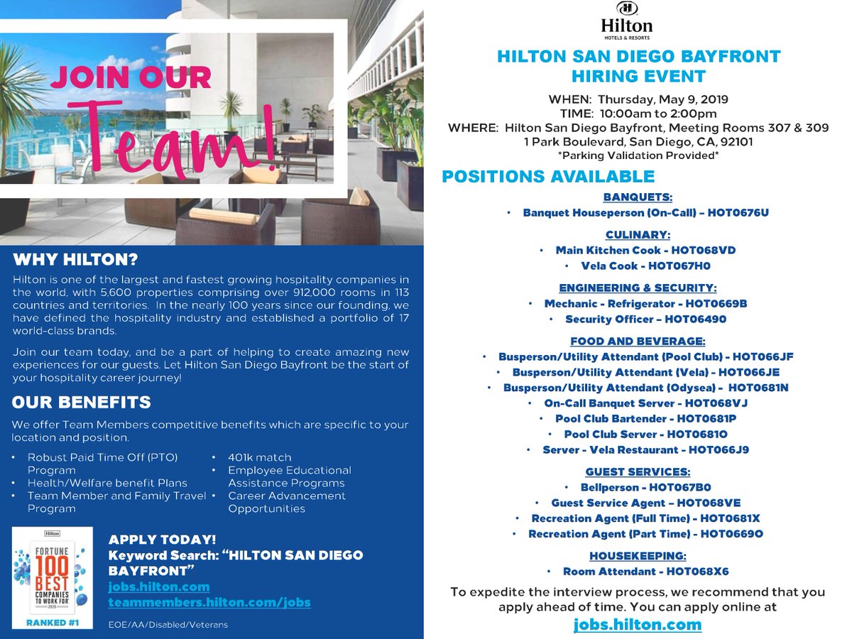 #Hilton is #hiring! Stop by for on the spot interview and offers at Hilton San Diego Bayfront on May 9th from 10am to 2pm! #jobfair #CareerFair