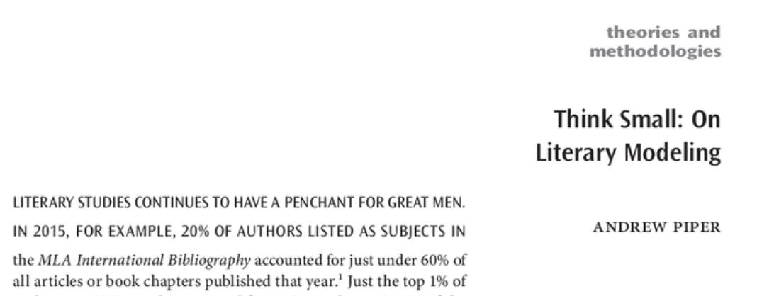 _akpiper's tweet image. see horn toot it: so it turns out that my essay on literary modeling was really helpful for my graduate students to orient themselves critically wrt #dh and #distantreading. gives them a framework to analyze studies *productively*. mlajournals.org/doi/abs/10.163…