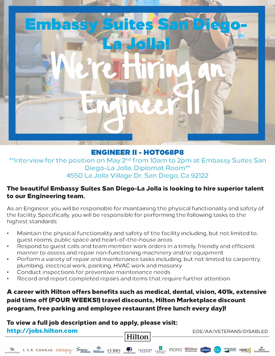 We're #hiring for an #engineer at the Embassy Suites San Diego La Jolla! Join the #Hilton team! Apply Now!