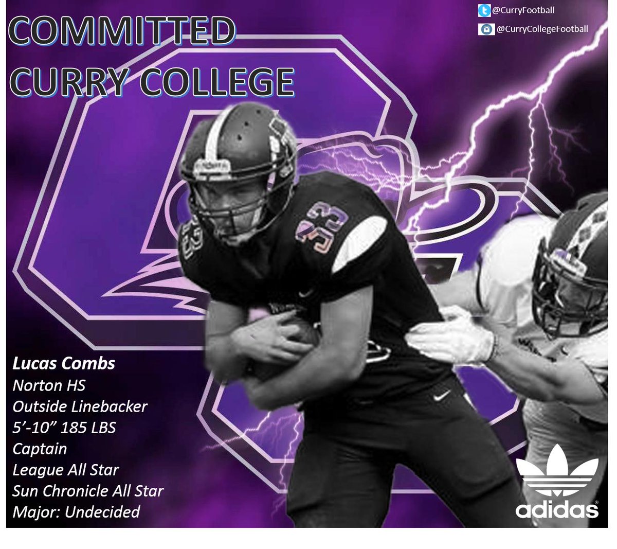 CurryFootball's tweet photo. Curry College Football welcomes Lucas Combs #BleedPurple #StepsToAChampionship @CoachBandini @ChampsChoiceNE  @LukeCombs44 https://t.co/lDlLUopCuX