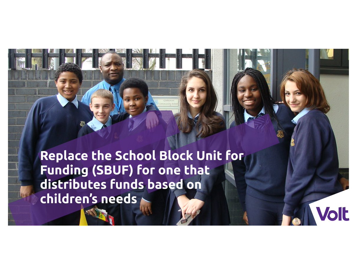 UkVolt's tweet photo. Volt UK's plan for Education is to ditch #SBUF and to distribute funds based on school capacity and children needs. This would be based on the number of pupils, those with disabilities, and so on.
The investment would aim to harmonise the provision of services and facilities. https://t.co/TGOAVQRT3x