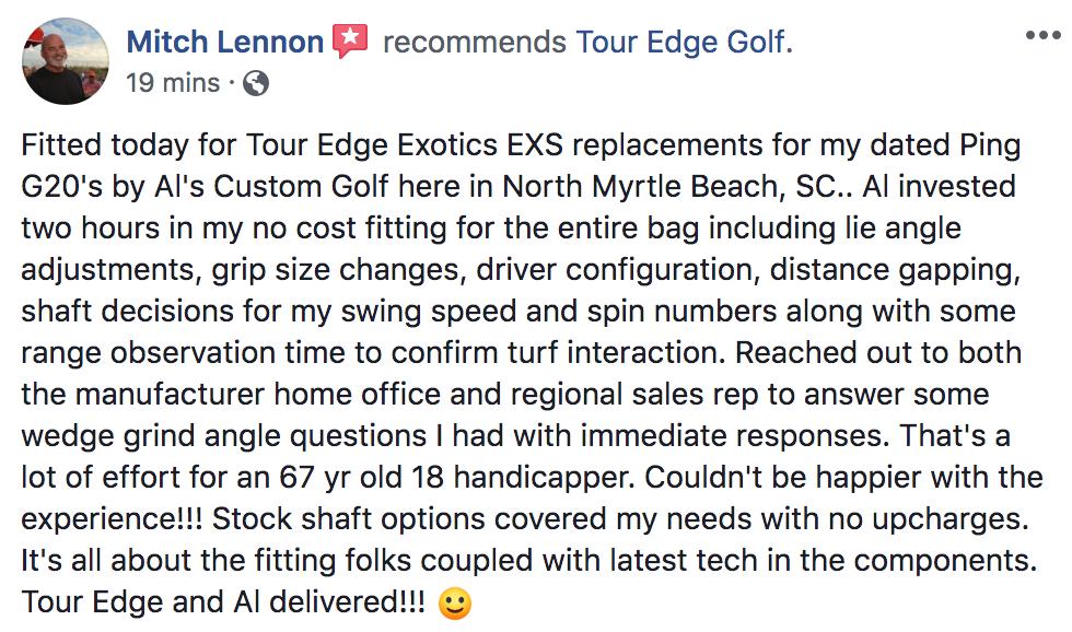 TourEdgeGolf's tweet photo. We received great feedback from Mr.Lennon in the Carolinas! We love receiving feedback not only on the performance of our clubs, but from your custom fit experiences! Give us a call to find a Tour Edge fitter near you! #CustomFitGolf https://t.co/0XzYLTODoE