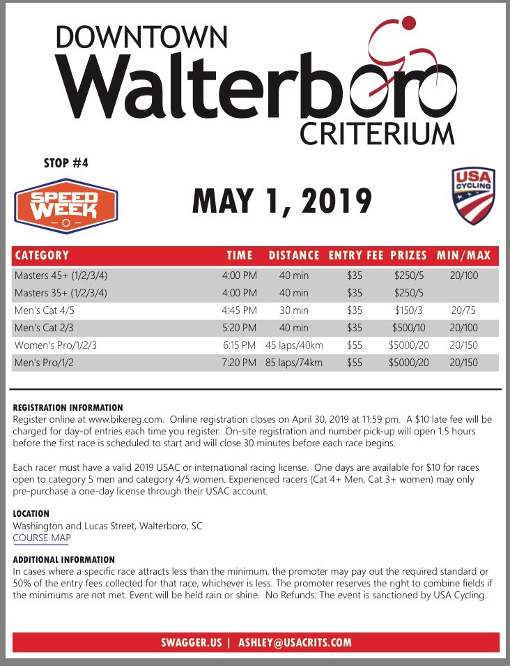 Good morning! After two blissful rest days we are back for Stop #4 in <a href="/WalterboroSC/">City of Walterboro</a>! First race begins at 4 PM EDT. 👍🏼 #SpeedWeek #WalterboroCrit