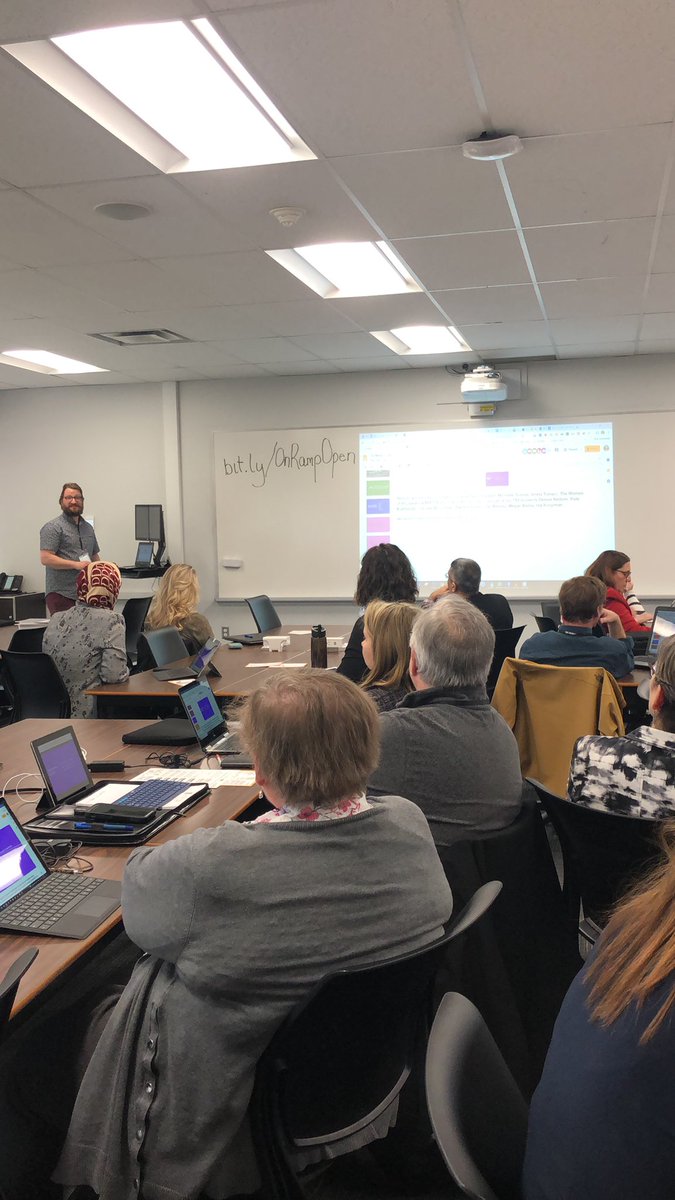 jesslyndw's tweet image. This room is riveted on OERs! #TechforTeaching @greeneterry @ConestogaLRC