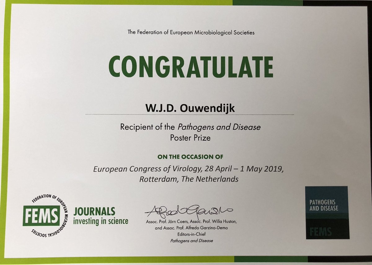 Werner Ouwendijk (@ouwendijkwerner) on Twitter photo Honored to have received the ‘Pathogens and Disease’ Poster Prize <a href="/FEMSTweets/">FEMSTweets</a> #ECV19Rotterdam!😃 Honored to have received the ‘Pathogens and Disease’ Poster Prize <a href="/FEMSTweets/">FEMSTweets</a> #ECV19Rotterdam!😃