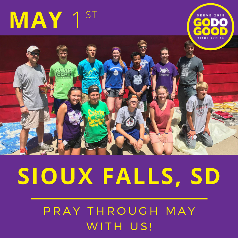ThereforeGoMin's tweet photo. Welcome to our month of prayer! Today we are praying for Sioux Falls, SD. Sioux Falls is the week of July 13-20. They are asking for prayers for their speaker and the host team. For more details check out our Facebook page.
#PrayThroughMay #SFSERVE #SERVE2019 #GoDoGood https://t.co/Hm5TkQgPil