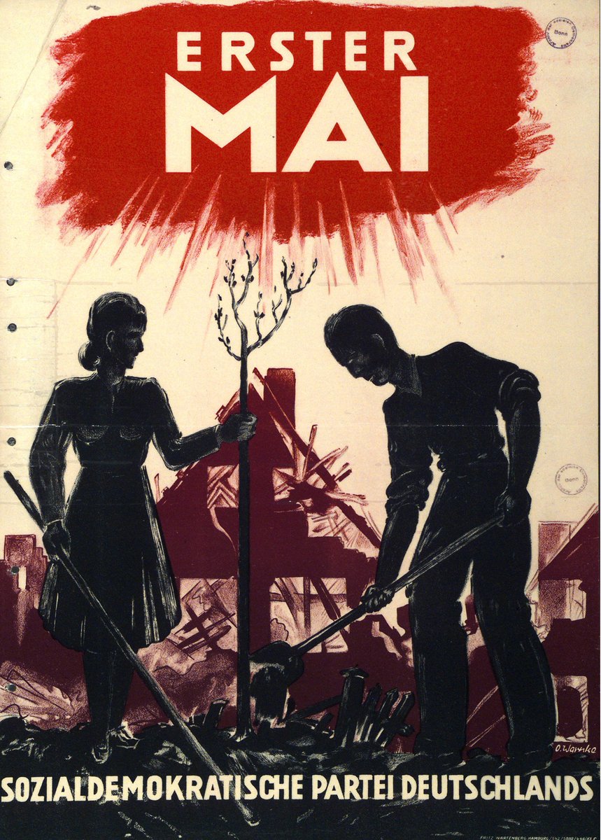 Postwar  #MayDay, part 1, German Social Democratic Party, 1946. One of the more somber May 1 posters I’ve seen. It basically only show two people focused on re-building their country destroyed by war and fascism. #InternationalWorkersDay  #DiaDelTrabajador  #1Mayo  #1Mai