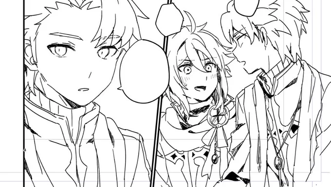 @UDoN_999 @Elco_clover コピー本より、まだ途中ですがひとコマ抜き出しサンプル。レーヴの神仕が会話してます。ジャンルチの需要が計り知れないので冊数少なめです…まずは出せるようにがんばります!!!🔥🔥🔥 #メルぱらF頒布物 