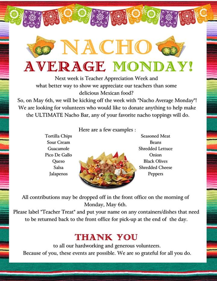 DWE_PTA's tweet photo. #DWEeagles Next week is Teacher Appreciation Week and we will be kicking it off with "Nacho Average Monday"!
If you are looking for a way to show our teachers and staff that you appreciate them, please read the attachment for more information! Thank you! https://t.co/fpU0Nppeh1