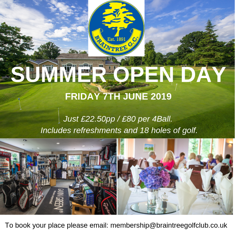 BraintreeGC's tweet photo. Keen on golf and considering joining a golf club? why not pop down to our Summer Open Day on Friday 7th June 2019.  Just £22.50pp #essexgolf #experiencebraintreegc #golf #essex #braintree https://t.co/QreX3D7Paz