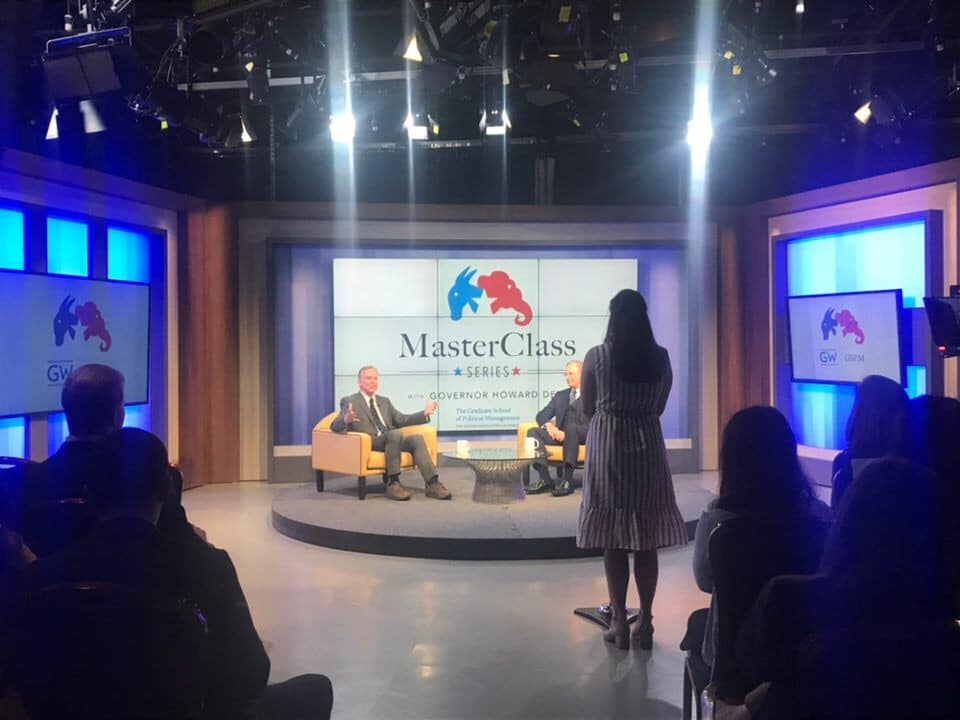 GSPMSA's tweet photo. Last night, @GSPMgwu students met for a MasterClass feat. @GovHowardDean, who gave his thoughts on 2020 &amp; current political climate. Five students asked questions ranging from engaging young citizens, support among working class, and bridging the gap between parties. #InTheRoom https://t.co/8t7FFuCJpc