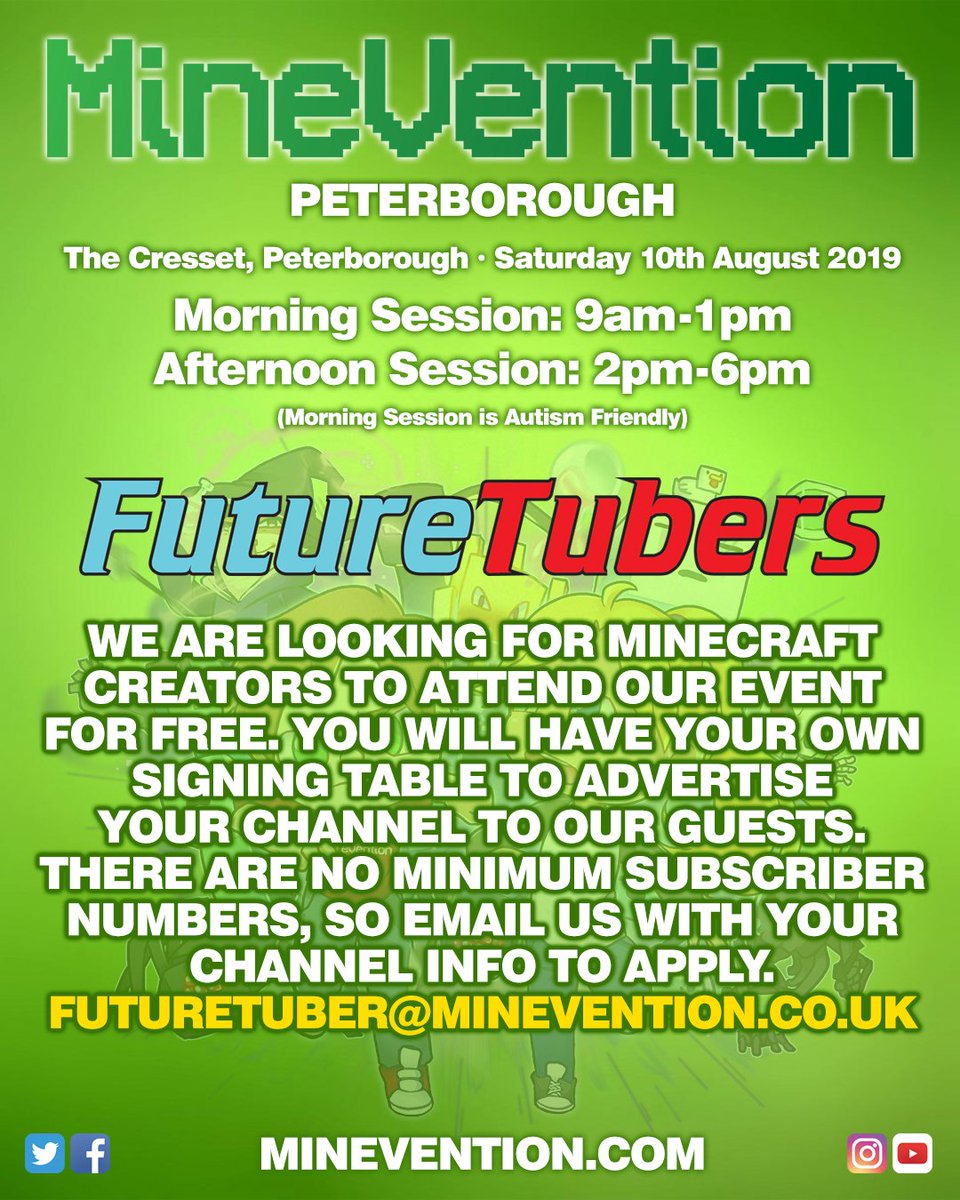MineVention's tweet image. We are looking for FutureTubers to attend our event at @TheCresset in August, so if you’re a small Minecraft channel, email futuretuber@minevention.co.uk with your name, age and channel information and we will be in touch if you’re chosen. Good luck!