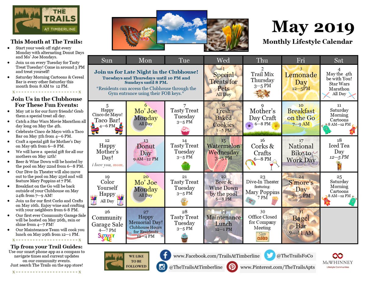 TheTrailsFoCo's tweet photo. Happy May Day, Trail Blazers! 💐 Here is your May 2019 Lifestyle Event Calendar. What events are you most excited about this month?! https://t.co/3JWICWd8SZ