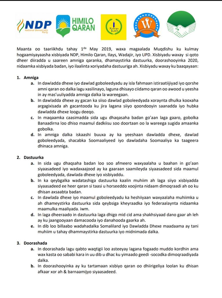 NDPSOMALIYA's tweet photo. Kulan ay yeeshen maanta xisbiyada kala ah. NDP, Himilo Qaran, Ileys, Wadajir iyo UPD. ayaa laga soo saaray qodobadan oo muhiib u ah horusocodka hananka dimuquradiyada dalka. #Mogadishu  #Somalia https://t.co/ZIyuofCvsf