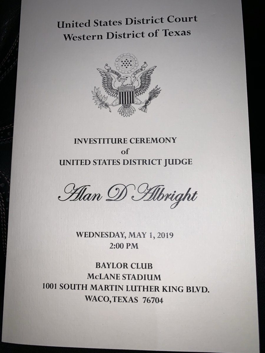 RobinsonErick's tweet image. Today’s investiture at the Baylor Club for Judge #Albright was amazing! So happy for Judge and for all of us that are able to practice in his court! #WDTX #Waco