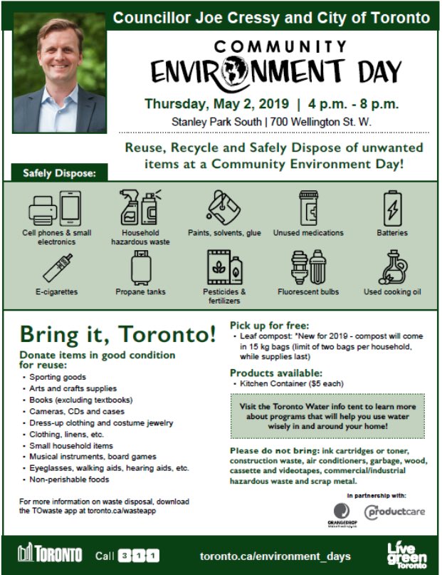 #Ward10 #EnvironmentDay Thurs May 2, 4-8pm Stanley Park South👍🏽 #Spring #safedisposal