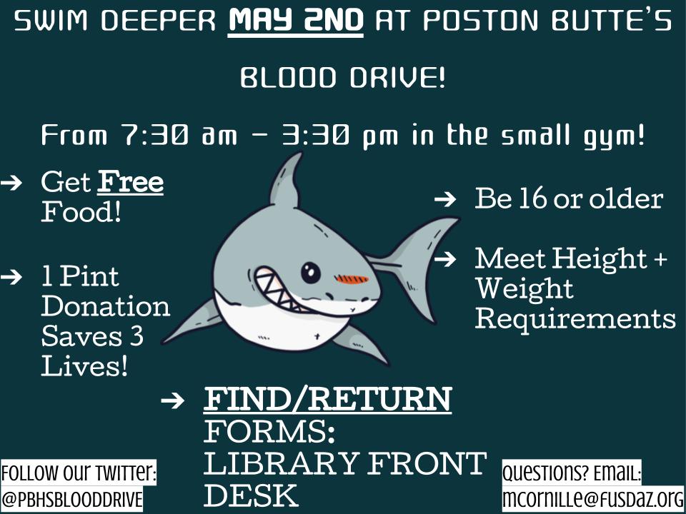 PBHS Blood Drive (@pbhsblooddrive) on Twitter photo Tomorrow is our very last blood drive of this school year! Walk-in appointments are available! Please come in for free food, a free class, and to save lives! Thank you for your donation! 💉 <a href="/Florenceusd/">Florence Unified</a> <a href="/PBhighschool/">Poston Butte High School - Florence Unified</a> <a href="/FUSDAthletics/">FUSD Athletics</a> <a href="/PBHStuco_/">PBHS Stuco</a> Tomorrow is our very last blood drive of this school year! Walk-in appointments are available! Please come in for free food, a free class, and to save lives! Thank you for your donation! 💉 <a href="/Florenceusd/">Florence Unified</a> <a href="/PBhighschool/">Poston Butte High School - Florence Unified</a> <a href="/FUSDAthletics/">FUSD Athletics</a> <a href="/PBHStuco_/">PBHS Stuco</a>