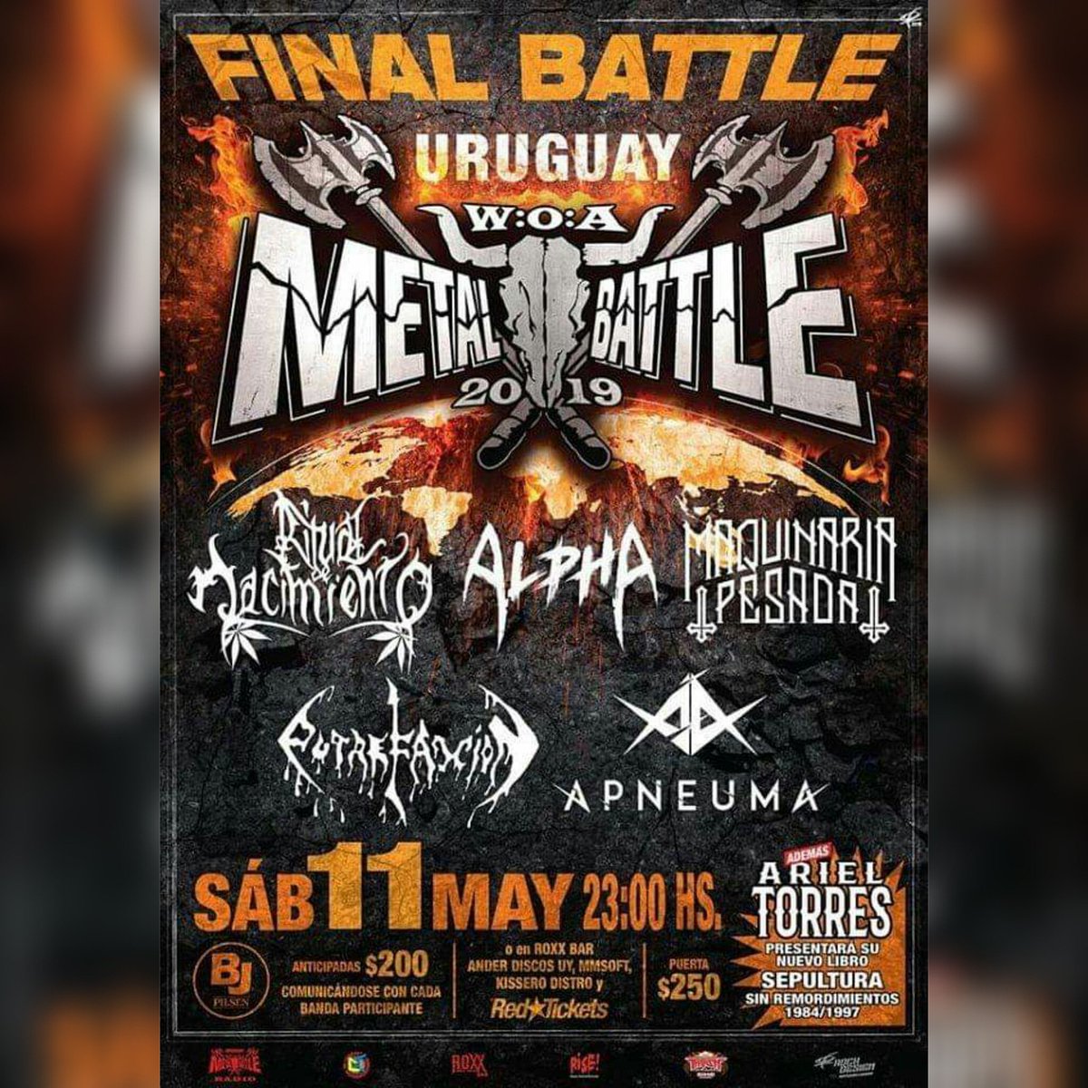 MetalerosUy's tweet photo. 🤘 SÁBADO 11 DE MAYO - LA FINAL DEL METAL BATTLE URUGUAY 2019 en BJ (Uruguay 960) - 23hs. 🤘
BANDAS:
RITUAL DE NACIMIENTO
ALPHA
MAQUINARIA PESADA
PUTREFAXIÓN
APNEUMA
Anticipadas a $200 con las bandas
$250 en puerta
#metaluruguayo #bjsala #metalbattle #metalbattleuruguay https://t.co/i5JG2ihMXd