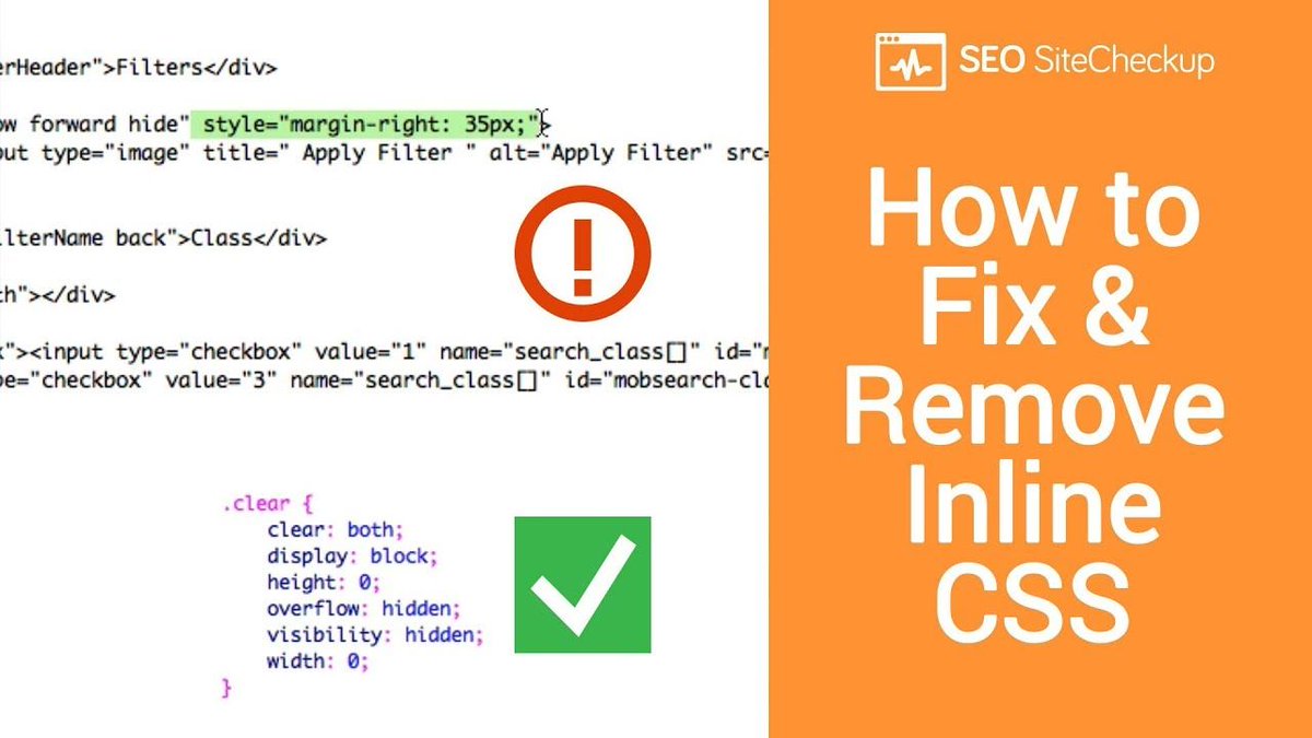 Seositecheckup's tweet image. Learn how to fix inline CSS in your code and speed up both your development time and website in the process with this simple video. buff.ly/2URhhff
#InlineCSS #CSSIntroduction #SEOSiteCheckup #SEOGuide