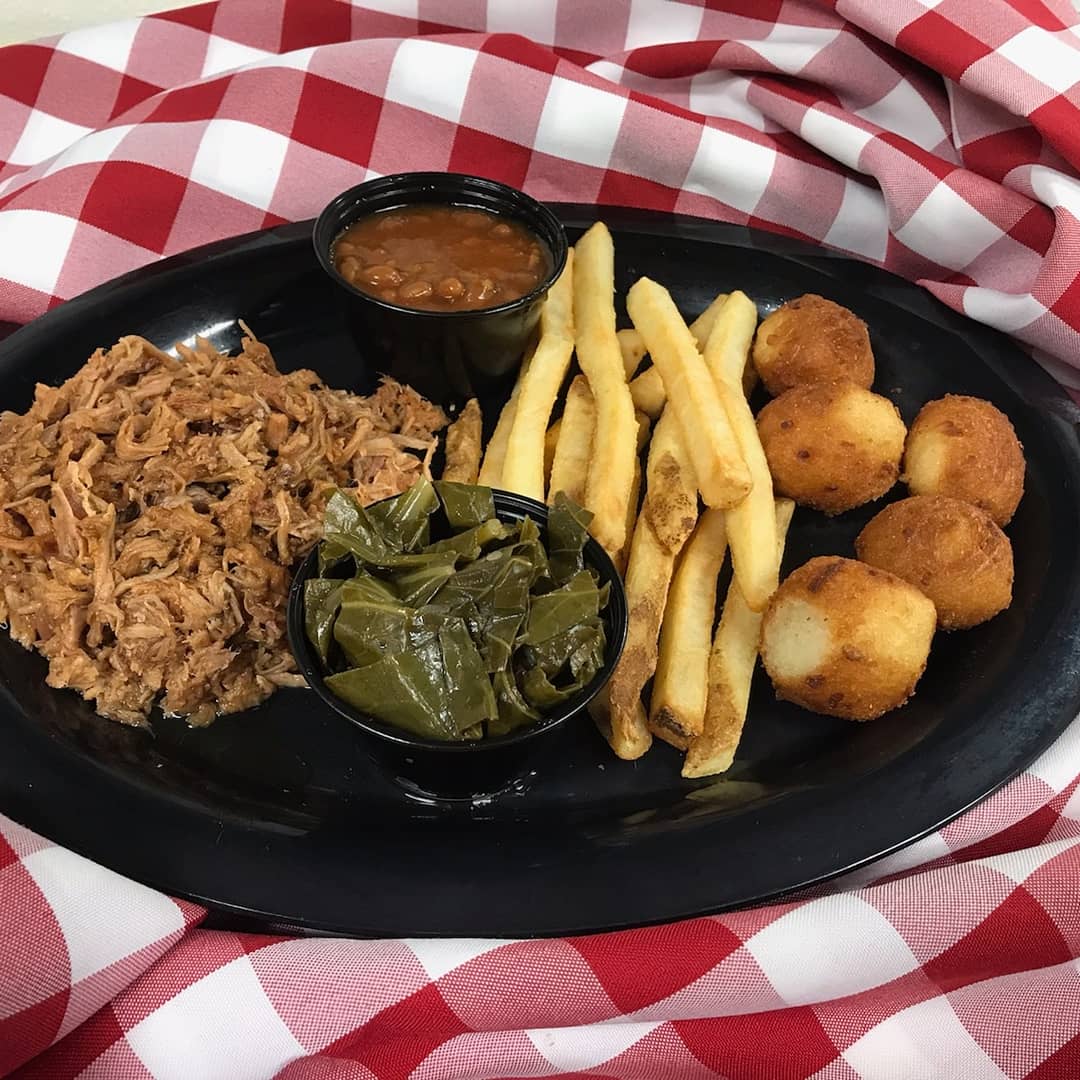Check out 👀 these brand new items 👉🏻 Checkered Pig Racin' Dusted 🏁 Pork Rinds and Collard Greens! Help us spread the word because these items are not on our official menu yet and we want you to give them a try. 😋🐷