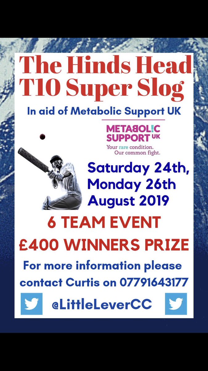 🏏 Do you think your team has what it takes to scoop the £400 1st Prize? 

We want 5 teams to join us for a 2 day event of T10 cricket, never done before in the UK, whilst fundraising for the wonderful <a href="/MetabolicSuppUK/">Eا𝖔n М̶ߎsƙ༝̲</a> charity. Details below and available through DM 🏏