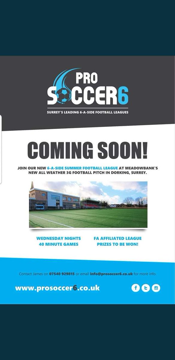 ProSoccer6's tweet image. We now have 6 of the 8 teams that we are looking for entered into our brand new Wednesday night 6-a-side league at Dorking's Meadowbank Stadium that starts 29th May. If you're interested in filling either of those last 2 places or have any other questions please give me a shout