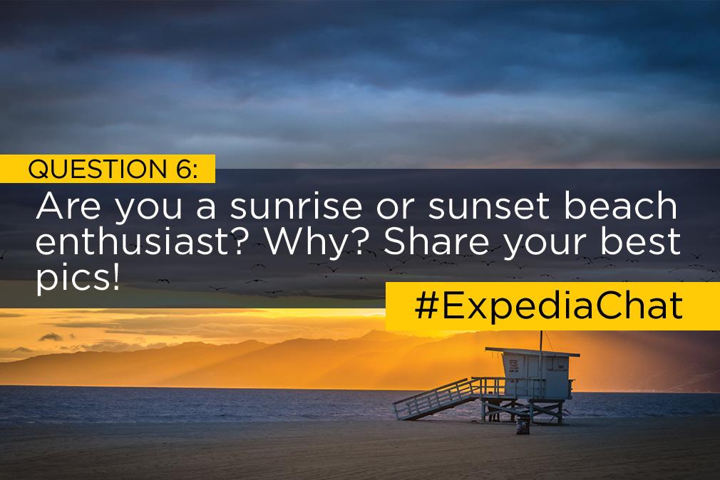 Expedia's tweet photo. Q6: Are you a sunrise or sunset beach enthusiast? Why? Share your best pics! #ExpediaChat https://t.co/BfDDrnSKTJ