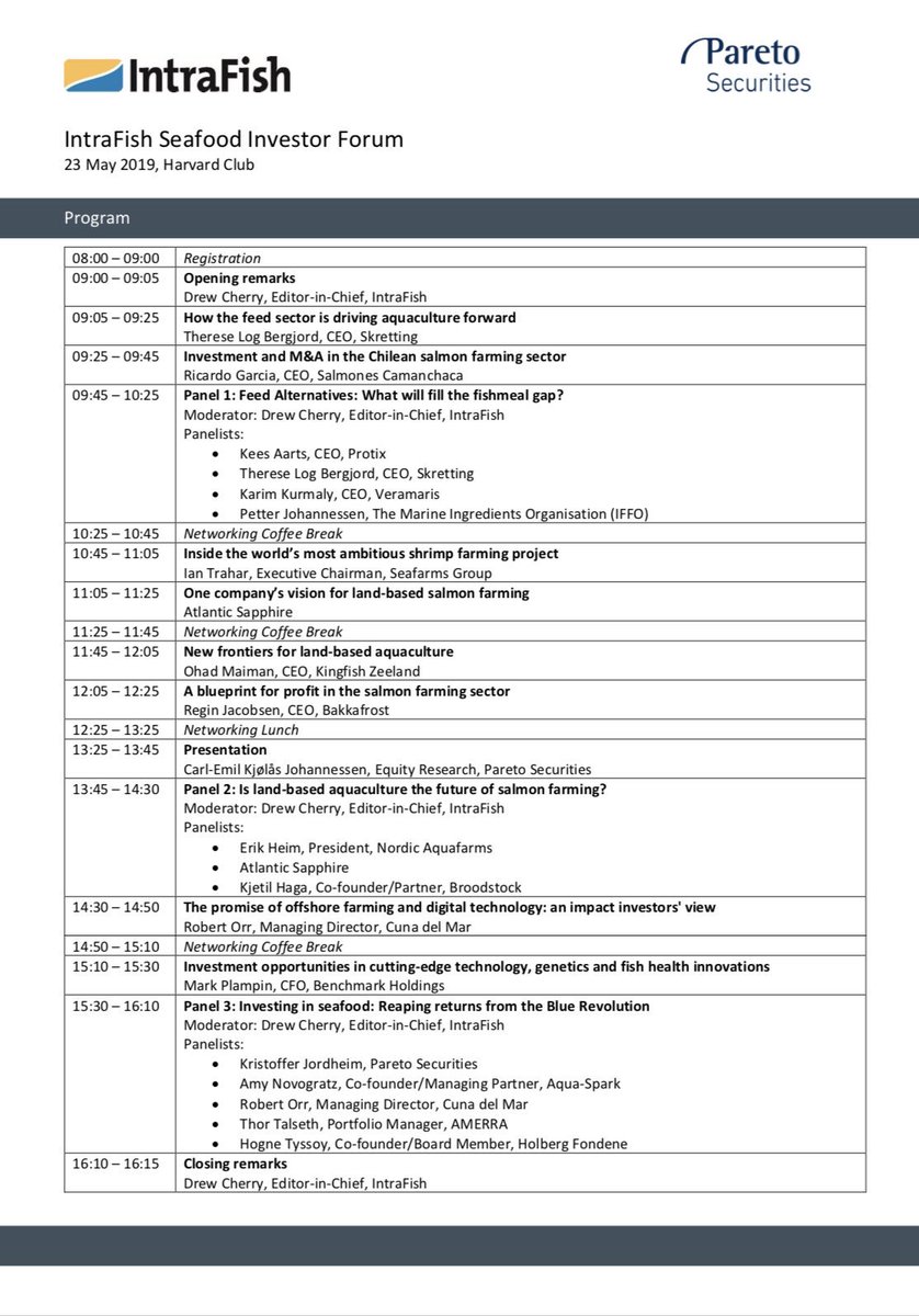 IntraFishEvents's tweet image. Program available for @IntraFish #Seafood #Investor Forum in cooperation with @paretosec in #NYC on May 23 Registration and more information at IntraFish.Events/nyc19                                             SEE ⬇️