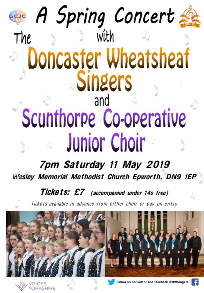 Not long to go before this concert given by <a href="/DWSingers/">Doncaster Wheatsheaf Singers</a> and <a href="/ScunthorpeChoir/">Scunthorpe Cooperative Junior Choir</a>! Fabulous music by <a href="/Howard_Goodall/">Howard Goodall</a>, <a href="/bobchilcott/">Bob Chilcott</a>, <a href="/SarahQuartel/">Sarah</a>, <a href="/johnmrutter/">John Rutter</a> and many more! Will be a brilliant night! <a href="/VisitNorthLincs/">Visit North Lincs Biz</a> <a href="/VisitDoncaster/">Visit Doncaster</a> <a href="/EpworthB/">Epworth Bells</a> <a href="/DonnyFreePress/">Doncaster Free Press</a> <a href="/RCofScunthorpe/">Scunthorpe Rotary</a>