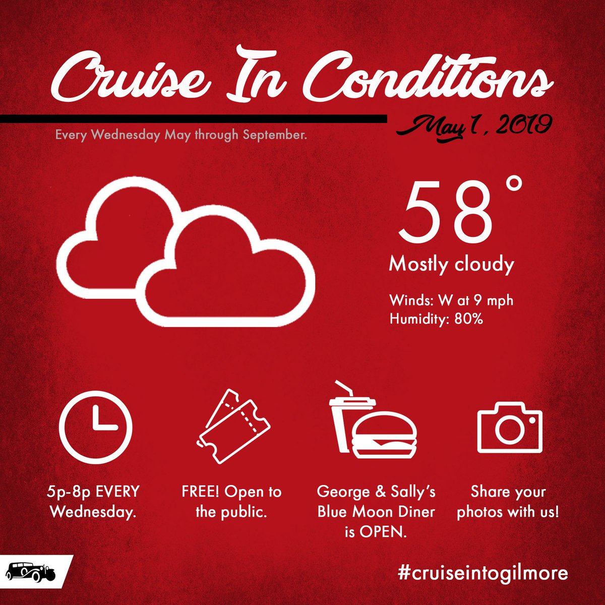 First Cruise-In of the season is just 2 hours away! Here are your cruise in conditions for this evening. #GilmoreCarMuseum #cruiseintogilmore #carscarscars