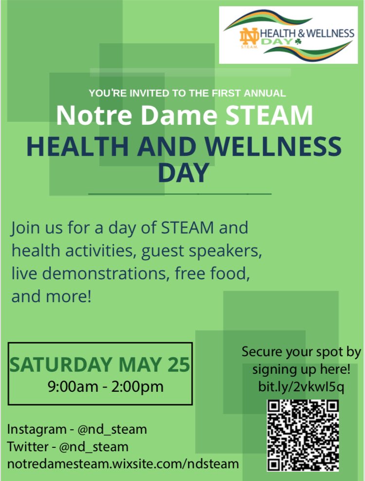 nd_steam's tweet photo. come join us at NOTRE DAME CSS on SATURDAY MAY 25 for our first ever STEAM HEALTH AND WELLNESS DAY! @NotreDameHCDSB https://t.co/8l0xOWbRmL