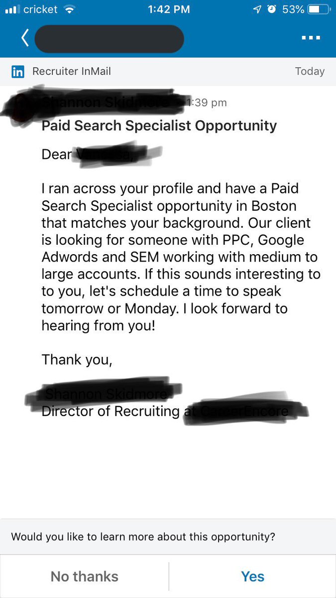 jiangw08's tweet photo. How can you trust a recruiter who doesn’t know much about the role and does not review her/his message before sending it out? Earn yourself some respect please! https://t.co/JMEYxEBFhT