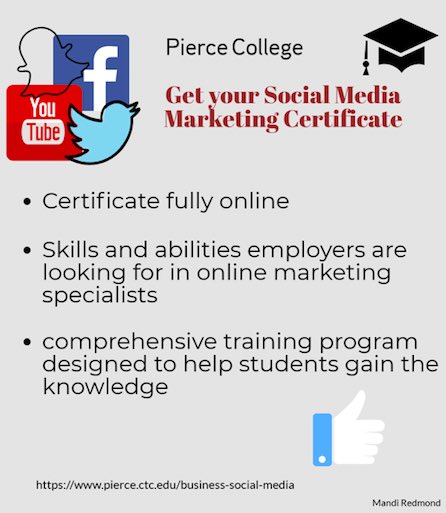 Earn your social media marketing certificate in only a year through Pierce College pierce.ctc.edu/business-socia… #piktochart #PCSoMe